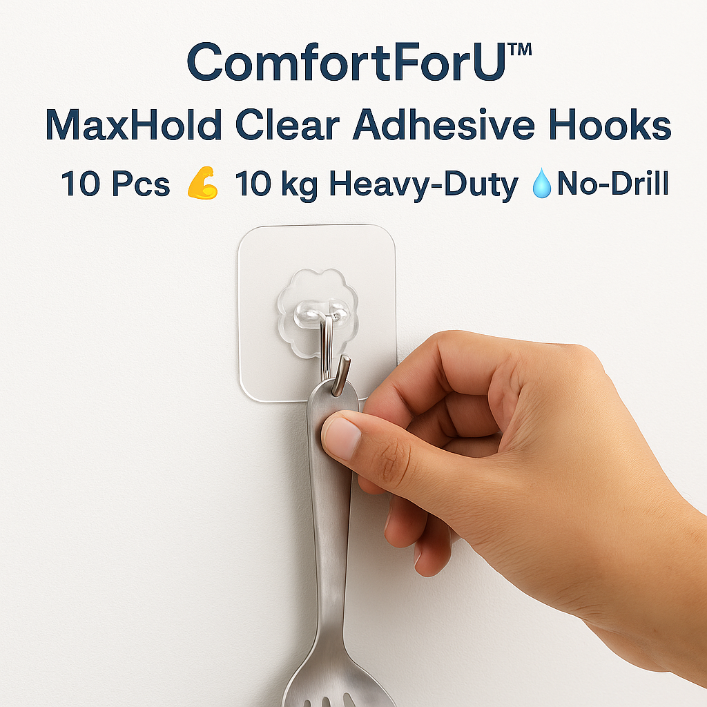ComfortForU™ MaxHold Clear Adhesive Hooks – 10 Pcs 💪 10 kg Heavy-Duty 💧 No-Drill